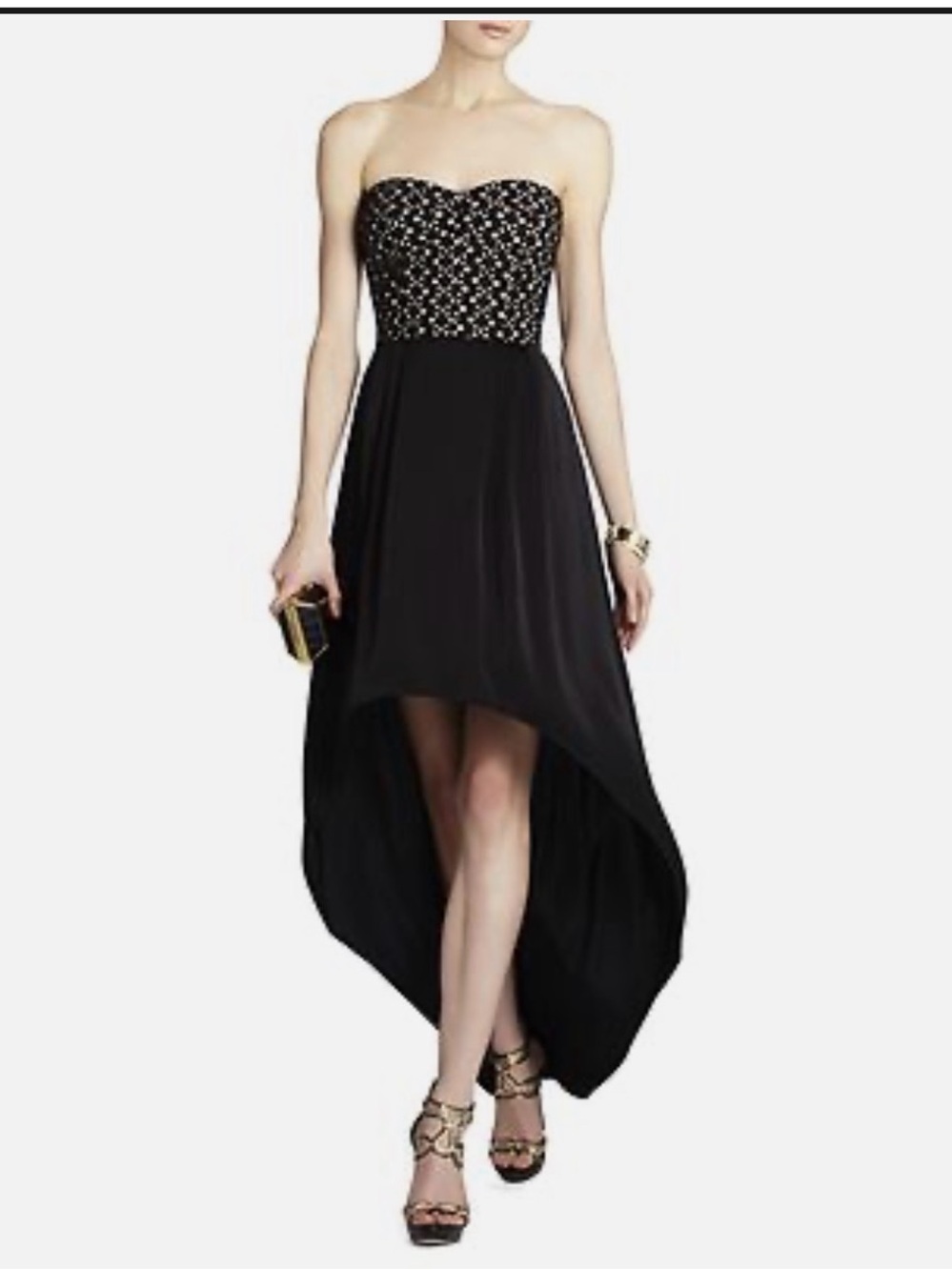BCBGMaxazria Tess Black strapless High-Low Dress with eyelet Bodice